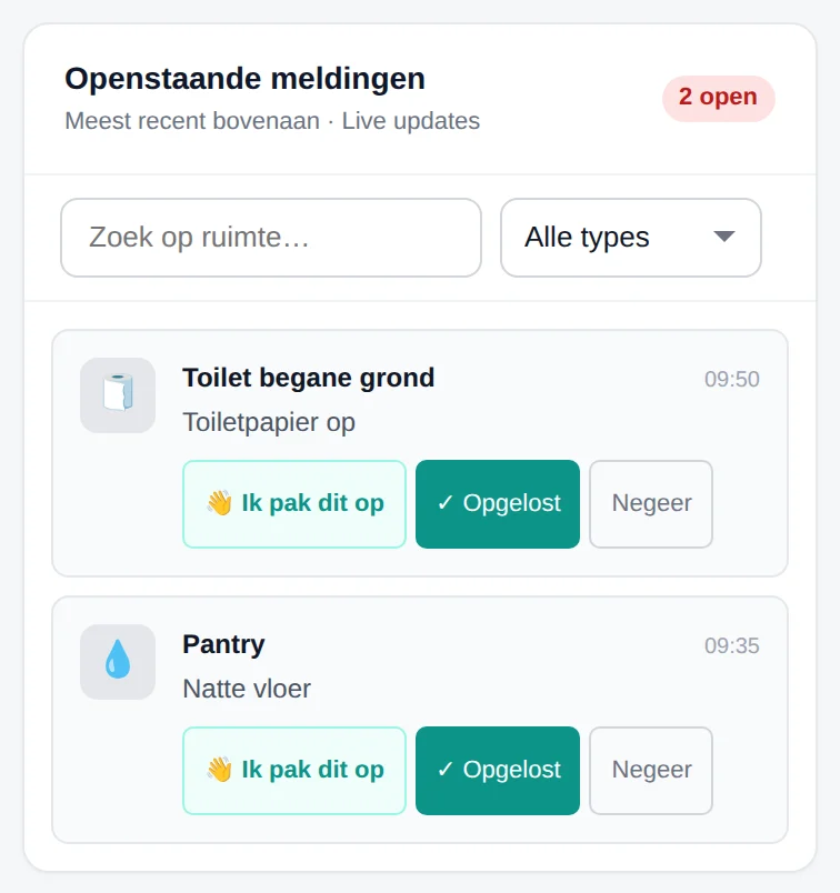 Openstaande meldingen op een telefoon, per melding met de knoppen Ik pak dit op, Opgelost en Negeer.