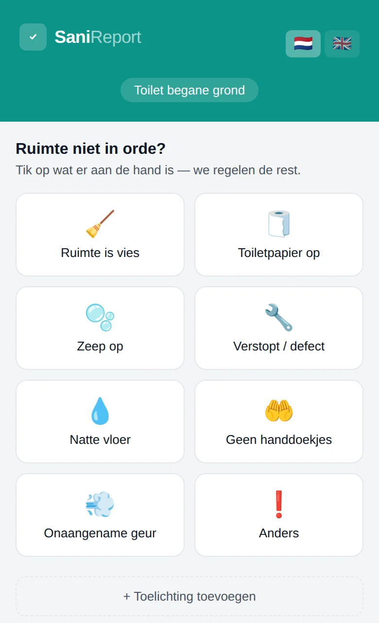 De SaniReport-meldpagina op een telefoon voor de ruimte Toilet begane grond, met knoppen zoals Ruimte is vies, Toiletpapier op, Zeep op en Verstopt / defect.